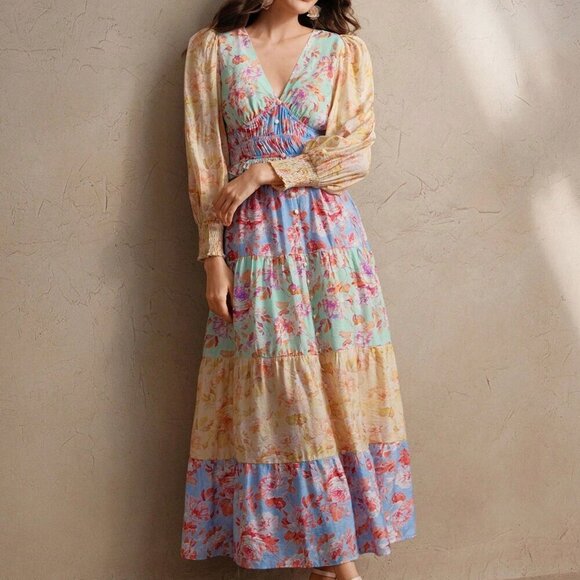 Blue Boho Women's V-Neck Lantern Sleeve A-Line Patchwork Dress - Picture 5 of 7